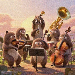 a wholesome illustration of a group of slotha playing in an orchestra, violin, cello, flute, tuba, trumpet, drums, studio Ghibli, Pixar and Disney animation, sharp, Rendered in Redshift and Unreal Engine 5 by Greg Rutkowski, Bloom, dramatic lighting, sunrise