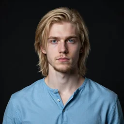 digital portrait of a skinny white male, slightly longer blond hair and a light stubble beard, wearing a light blue shirt, blue eyes, rugged, magical, teenage, fantasy, wizard, trending artstation, dungeons & dragons, neutral expression, dark black background, award winning dark lighting, realistic, high detail