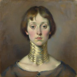 expressive medium shot portrait of a woman with long neck, big ears and a small head, short brown hair, brown and blue palette, oil painting, impasto, muted colors, artwork by arnold bocklin