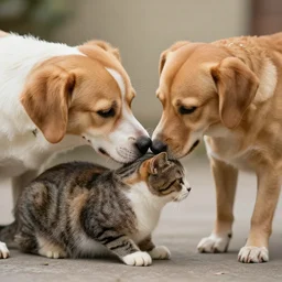 a dog kissing a cat