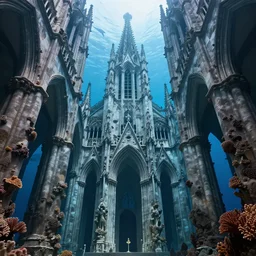 inside of a colossal gothic cathedral under the sea, perspective view, super tall spires, enormous arches, structure cover in coral reefs, whales swimming around in the background, low angle shot, darek zabrocki, marcin rubinkowski, lorenzo lanfranconi, oleg zherebin, karlkka, trending on artstation, 8 k