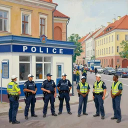 the mixed mediart depicts a police station in the lithuanian city of vilnius. in the foreground, a group of policemen are standing in front of the building, while in the background a busy street can be seen. symbolism by kadir nelson, by george ault lifelike, passionate