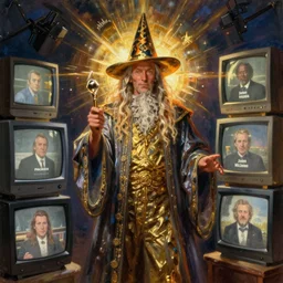 wizard surrounded by crt televisions, oil on canvas, frank frazetta, john williams