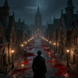 style : high fantasy. composition : long shot, waist level ; low angle. key words : digital art ; detailed ; 4 k. scenery : a gothic harbor city with blood on the streets. subject : none. details : at night ; lanterns in the streets.