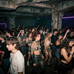 photograph of a lot of retro techwear people at a rave inside of a rundown hidden club, brutalism, retrofuturism, cyberpunk, sigma 85mm f/1.4, 35mm, 4k, depth of field, high resolution, 4k, 8k, hd, highly detailed, full color