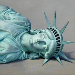 cut off statue of libertys head with crown is lying sideways on the ground .side angle.low angle painting