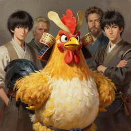a samurai chicken mascot character posing for a picture, digital painting, masterpiece by rembrandt and thomas kinkade and frank frazetta and kentaro miura, by reiq and tite kubo, stylized yet realistic faces and anatomy, advanced lighting technology, beautiful, gorgeous brush strokes