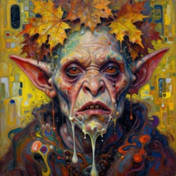 close - up portrait of very ugly goblin by irakli nadar with intricate detailed color smashing fluid oil paint and acrylic, autumn leaves headdress, melting wax, mycelia, abstract impressionism, ruan jia, fantasy, hyper detailed, concept art, by peter mohrbacher and gustav klimt,