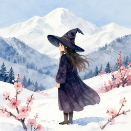 bird witch girl in the flowering snowy mountains. complementary colors, watercolor, indie concept art, luminescent, bloom, 4 k, chiaroscuro, backlighting.