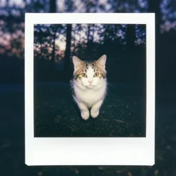 eerie polaroid of a cute kitten floating above the forest at dusk