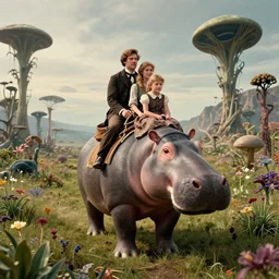 70mm film still from a sci fi blockbuster movie made in 2022, set in 1860, of a family riding on the back of alien hippos, on an alien planet, across an alien landscape that is full of strange wild alien plants and flowers, the family are wearing 1850s era clothes, cinematic lighting, 4k, in focus faces, good quality lighting, good quality photography, oscar winner