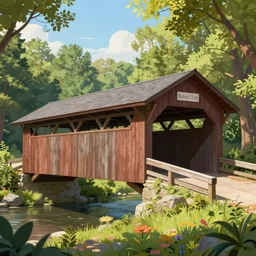 Beautiful covered bridge in the woods” Beautiful Dreamscape, Digital art, concept art, detailed, lovely colors, Art station,3-D 4K, beautiful background, matte painting, Thomas kinkade,