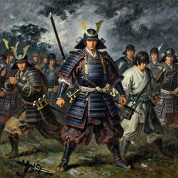 baroque oil painting of key visual great samurai war, many warriors, rain, storm, final fantasy, fake detail, trending pixiv fanbox, acrylic palette knife, style of makoto shinkai takashi takeuchi yoshiyuki sadamoto greg rutkowski chiho aoshima