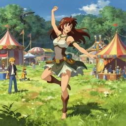 greg manchess concept art of a beautiful cavewoman dancing at the millennial fair from chrono trigger, outdoor fairgrounds, grass, trees, colorful striped pavillions, key visual, ambient lighting, highly detailed, digital painting, trending on artstation, concept art, sharp focus, by makoto shinkai and akihiko yoshida and hidari and wlop