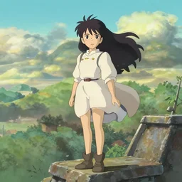 a anime girl standing on the high building with flowing hair on the wind symetrical face studio ghibli style
