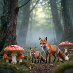 magical forest covered with fly agaric, there is a fox with two cubs, light magical fog