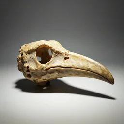 fossilized bird head long beak bird fossil, studio lighting, museum exhibit, 3 5 mm
