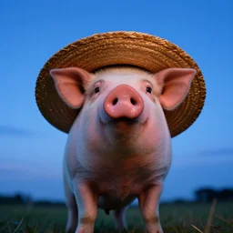 a cute pig wearing a straw hat at blue hour, twilight, cool, award winning 4 k photo, twilight cool light, low angle!!!!, low angle, e, from below, worms - eye - view