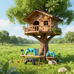 a biofriendly gaming setup that is linked to a tree house in the middle of a green field , detailed , 8K , Sunny day