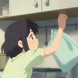 anime film visual illustration of a young woman looking in a kitchen cabinet from a distance,, cute face by ilya kuvshinov, makoto shinkai, kyoani, dynamic pose, crisp and sharp, yoshinari yoh, anime poster, ambient light, focused
