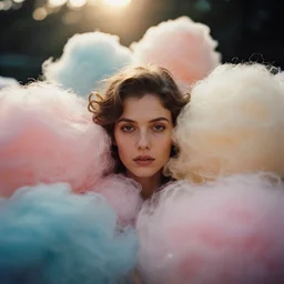 An vintage analog head and shoulder frontal face portrait photography of a woman surrounded by fluffy soft giant! oversized pastel colorful cotton balls by Maxim Nikolaev. Vogue. Kodak Portra 800 film. shallow depth of field. (Depth of field). whirl bokeh!!. Golden hour. detailed. hq. realistic. warm light. muted colors. dark Mood. Filmic. Dreamy. lens flare. Mamiya 7ii, f/1.2, symmetrical balance, in-frame