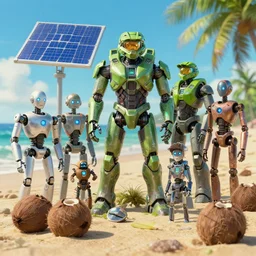 studio ghibli, broken robots, on beach, coconuts, solar, green technology, optimist future by asher durand. intricate artwork by tooth wu and wlop and beeple and dan mumford and greg rutkowski and nekroxiii. halo. octane render, cinematic, hyper realism, octane render, 8 k, depth of field, bokeh. iridescent accents. vibrant
