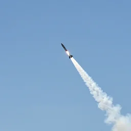 rocket breaking through the sky with triangular shaped smoke trail leading behind it