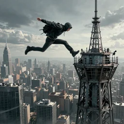 A boy thief falling off a tall tower in a metal city wishing he could fly, epic fantasy style