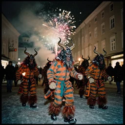 kodak portra 4 0 0, snow, snowflakes, award winning dynamic photograph of a bunch of hazardous krampus by robert capas, in muted colours, striped orange and teal, motion blur, on a street in salzburg at night with colourful pyro fireworks and torches