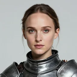 head and shoulders portrait of a female knight, young natalie portman, by alphonse mucha, game of thrones, eldritch, silken hair, armored, etched breastplate, vogue fashion photo