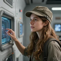 a portrait of a beautiful woman exploring a space ship by zhang jingna, long hair, aged 2 5, swedish, wearing a travel hat, photo realistic, real life, photograph, 3 5 mm, octane render, trending on artstation