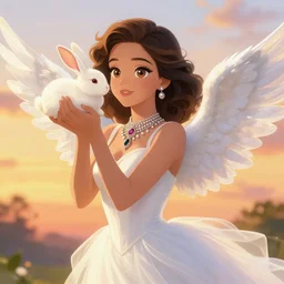 Portrait of a cute elegant woman with angelic white wings on her back, holding a rabbit, flying in the eye, luxurious neckless, beautiful long white dress, sunset, warm spring, detailed face, fantasy, anime, vibrant, colorful,  intricate details, trending on ArtStation, Deviantart, by WLOP, james gurney,  norman rockwell