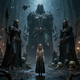 by oka yasutomo and anna dittmann, visually stunning, cinematic, ultra realistic, hyper realism, 1 2 k, epic, octane render, unreal engine, vfx, maya, the dark priestesses created this titan through the spirits of the dead warriors, in city street at night, bizarre compositions, exquisite detail, extremely moody lighting, a thread knot girl