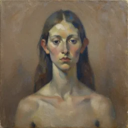 expressive distorted bust portrait of a woman with long neck, big ears and a small head, brown and blue palette, oil painting, impasto, muted colors, artwork by tom hammick