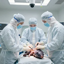 dissection of an alien life form in a clean white surgery room by three humans wearing level 3 biological safety suits, security camera, realistic