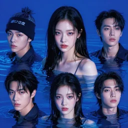 lee jin - eun emerging from royal blue water in cyberpunk theme by james jean, vincent di fate, conrad roset, takato yomamoto, rule of thirds, seductive look, beautiful