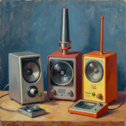 still life 8 0 s era technology, vintage shapes, retro technology, happy color, wayne barlow, oil on canvas, deep depth field, masterpiece, cinematic composition, hyperdetailed