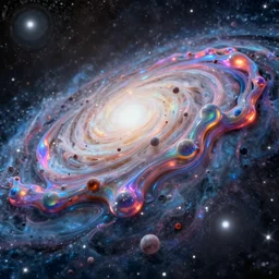 Particles of iridescent, multi-colored goo spreading across the galaxy microphotography 8k