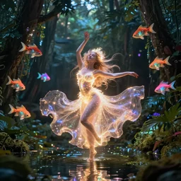 ethereal glowing goddess dancing on a pond in the jungle surrounded by colorful glowing flying fish at night cinematic