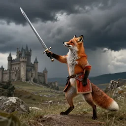 anthropomorphic fox!! who is a medieval knight holding a swo - rd towards a stormy thundercloud [ 1 9 3 0 s film still ], ( fantasy castle in the background )