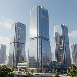 futuristic city, several large buildings with big glass windows, hyperdetailed, 3 d render, photorealistic, christian haley