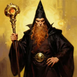 weird al as a powerfulwizard holding a staff, serious expression, in the style of frank frazetta