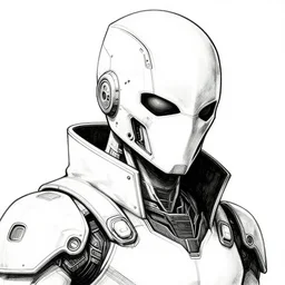 combat ninja cyborg designed by jony ive, minimalist, warframe art, detailed helmet, masculine proportions, portrait, cyberpunk 2 0 2 0 manual, by steampoweredmikej, by tim bradstreet, inktober, ink drawing, black and white, coloring pages, manga, highly detailed