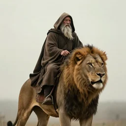 a hooded wise lonely old man with a long white beard wearing a brown hooded tunic, the man riding is on the lion, the wise man is riding on top, he is all alone, majestic, epic digital art, cinematic, trending on artstation, superb detail 8 k, wide angle shot, masterpiece