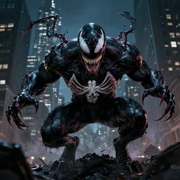carnage symbiote destroying new york city on a dark and gloomy night