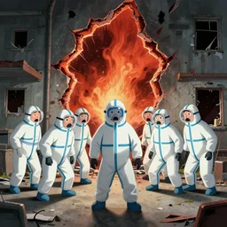 wide - shot photo of a group of scared scientists in hazmat suits, in front of a hell open rift, inside an abandoned house, by shaun tan, codachrome, 8 k, hd, highly detailed,