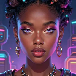 voluptuous african neon queen, science fiction, highly detailed, digital painting, beautiful eyes, symmetry, concept art, sharp focus, volumetric lighting, illustration, global illumination, radiant light, synthwave colors, detailed and intricate environment, art by artgerm and greg rutkowski and magali villeneuve and ilya kuvshinov!