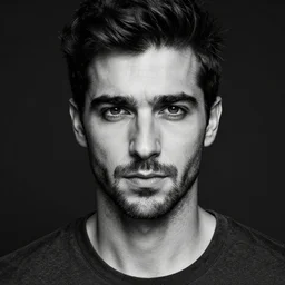 black and white head shot, studio shot of a male symmetrical handsome andrea belluci the painter artist, casual clothes, anxiety and depression, intricate, elegant, highly detailed, hyper realistic, dark background, flickr, smooth, 4 k, 3 0 0 dpi, sharp focus, shot by canon