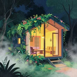 ( ( dithered ) ), editorial illustration, angled view, cozy cabin designed by zaha hadid, lush overgrowth, night, foliage, vines, flowers fog, colorful, modern art deco, ( ( mads berg ) ), karolis straututniekas. ( ( christopher balskas ) ), lomography, dramatic lighting, risograph, wood block print