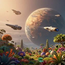 many spaceships leaving the planet, sunrise in alien planet, full of vegetation, colourful plants, trees, beautiful matte painting, dreamy, high detail, artstation